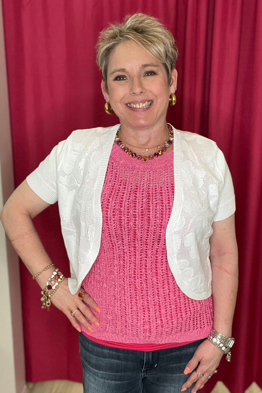 Short Sleeve Cardigan w/Textured Flowers OUTFIT COMPLETER KEREN HART