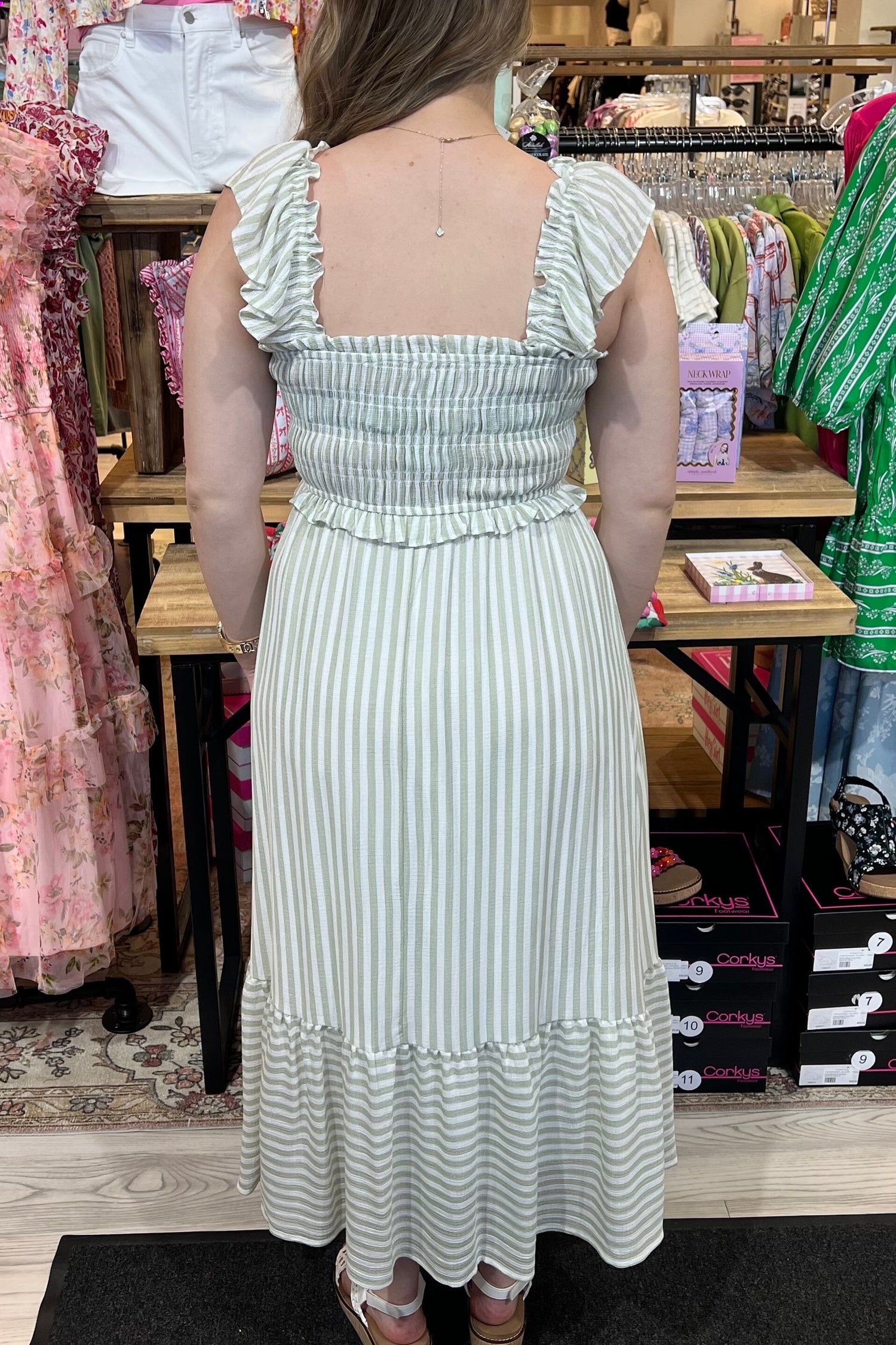 Striped Smocked Ruffle Trim Midi Dress DRESS BLUPEPPER 