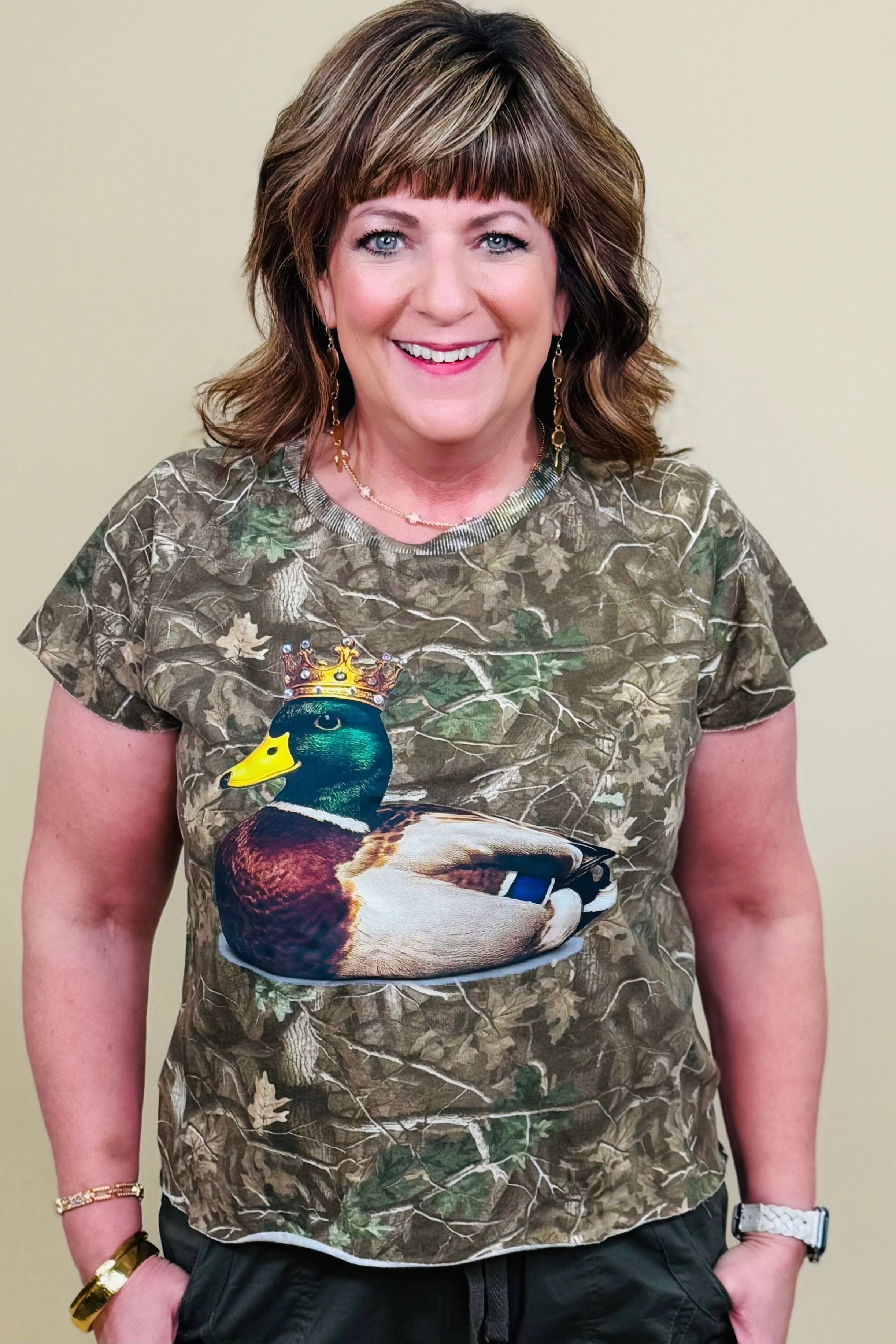 Short Sleeve Camo Top w/Duck &amp; Rhinestones MISSY BASIC KNIT SUGAR STITCH 