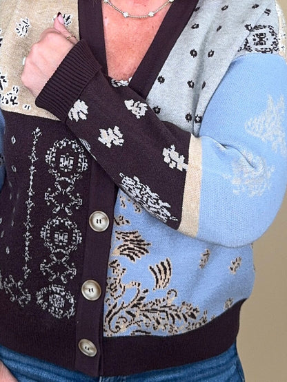 Jacquard V-Neck Sweater Cardigan in Satin Sky OUTFIT COMPLETER TRIBAL 