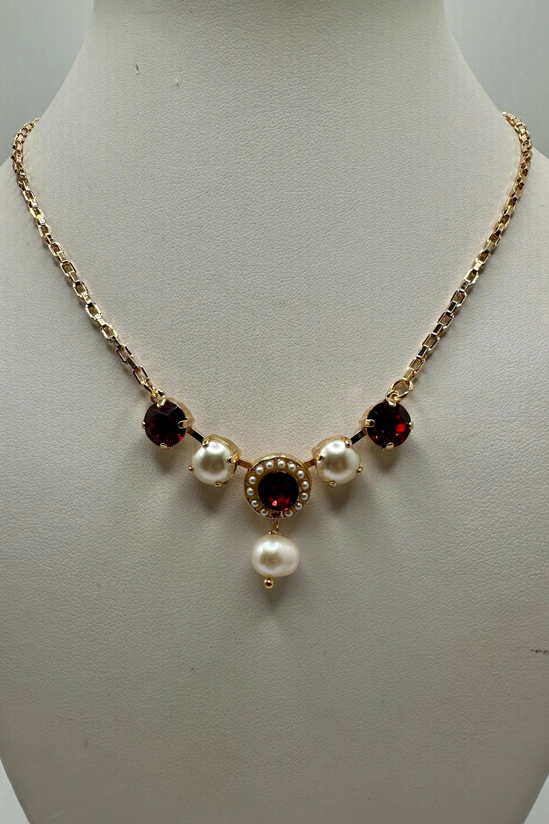 5 Stone Halo Pendant Necklace in Ruby and Pearl - Yellow Gold BETTERBRANDJEWELRY MICHALSMARIANA 