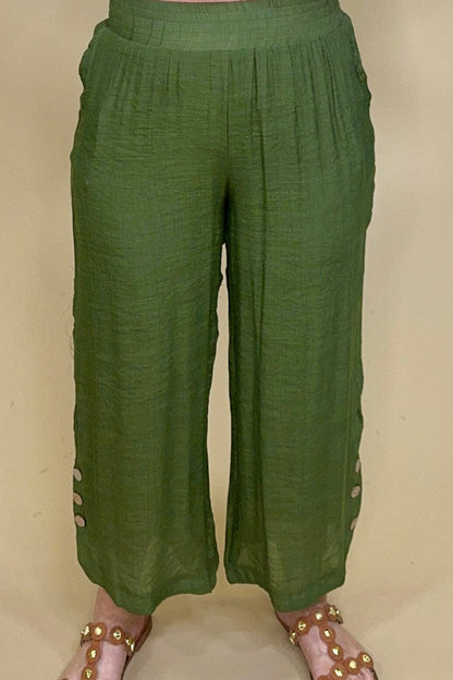 Pull On Gauze Pant w/Button Detail - Olive BOTTOMS CREATION 