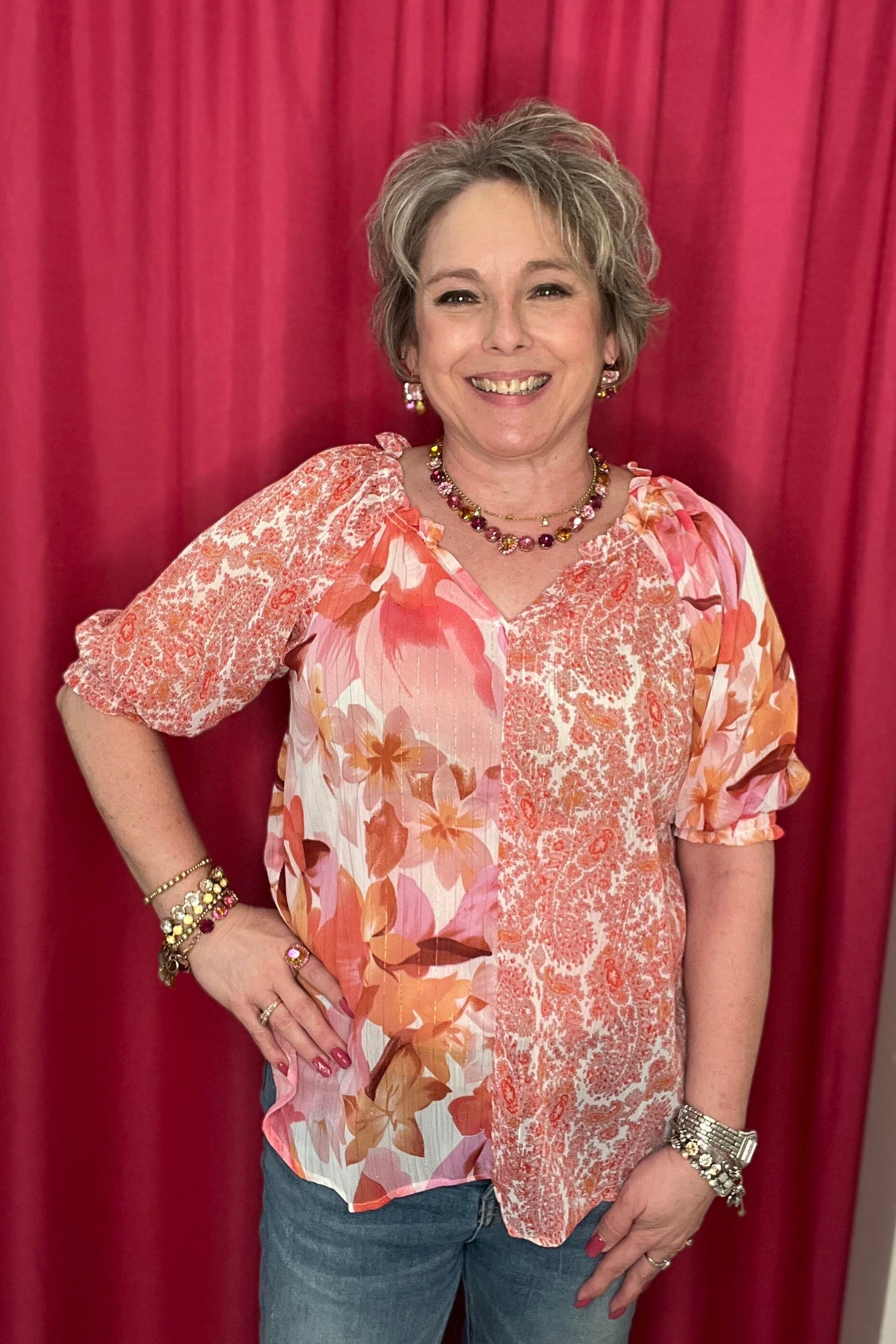 Mixed Paisley/Floral Print Ruffle Neck Detail Top JR TOP DRESSY UMGEE 