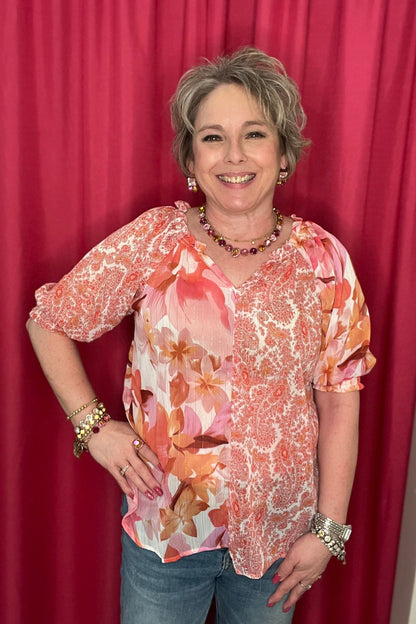 Mixed Paisley/Floral Print Ruffle Neck Detail Top JR TOP DRESSY UMGEE 