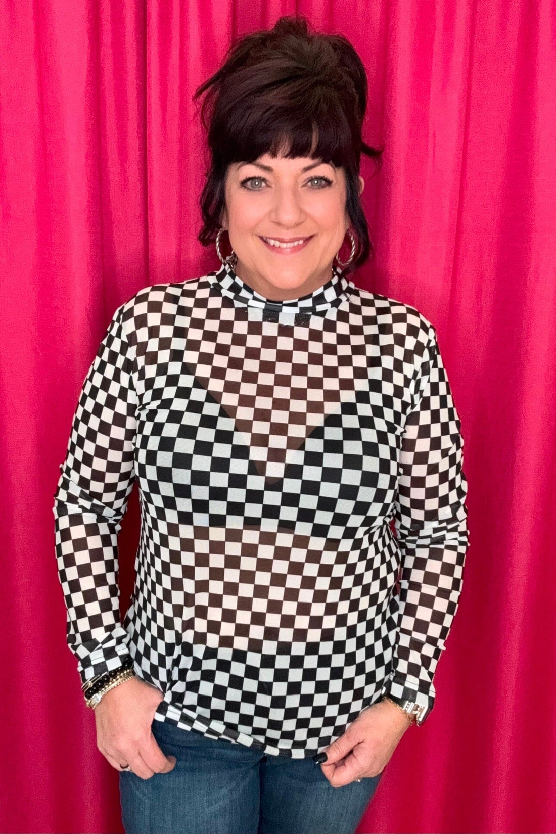 Black & White Checkered Mesh Top MISSY BASIC KNIT STERLINGKREEK