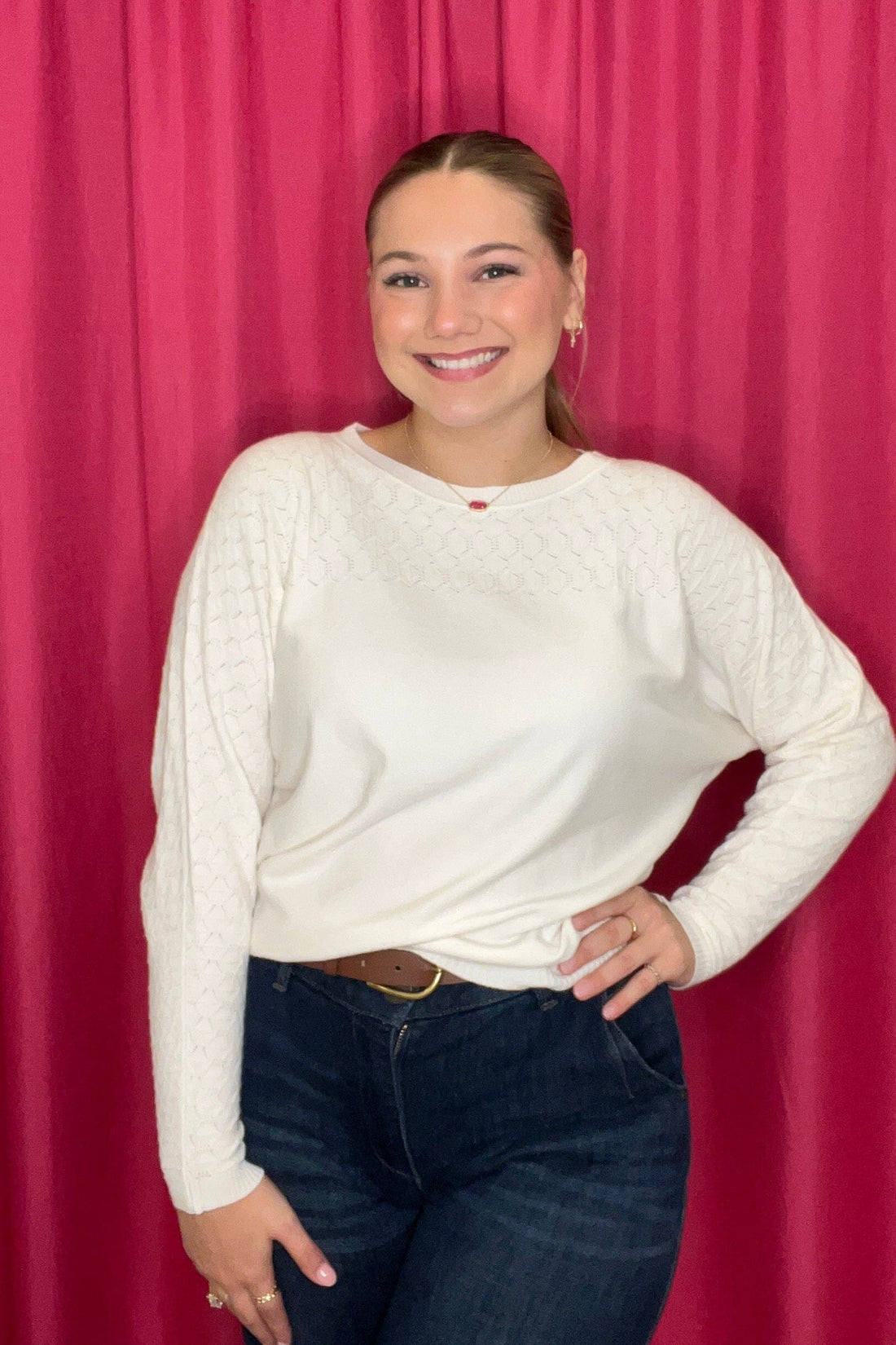 Pointelle Contrast Fine Gauge Knit Sweater JRTOP CASUAL TOP ALLIE &amp; ROSE 