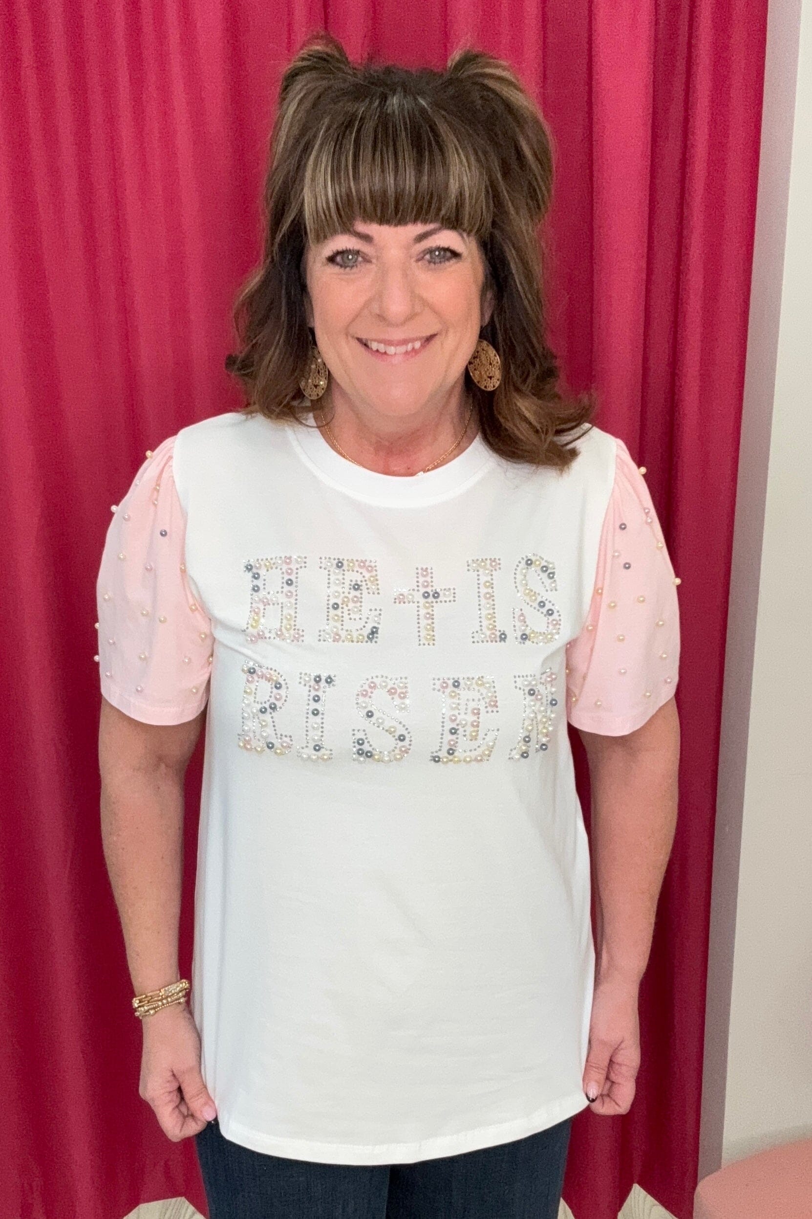 He Is Risen Pearl Studs Princess T-Shirt JRTOP CASUAL TOP SOUTHERN GRACE 