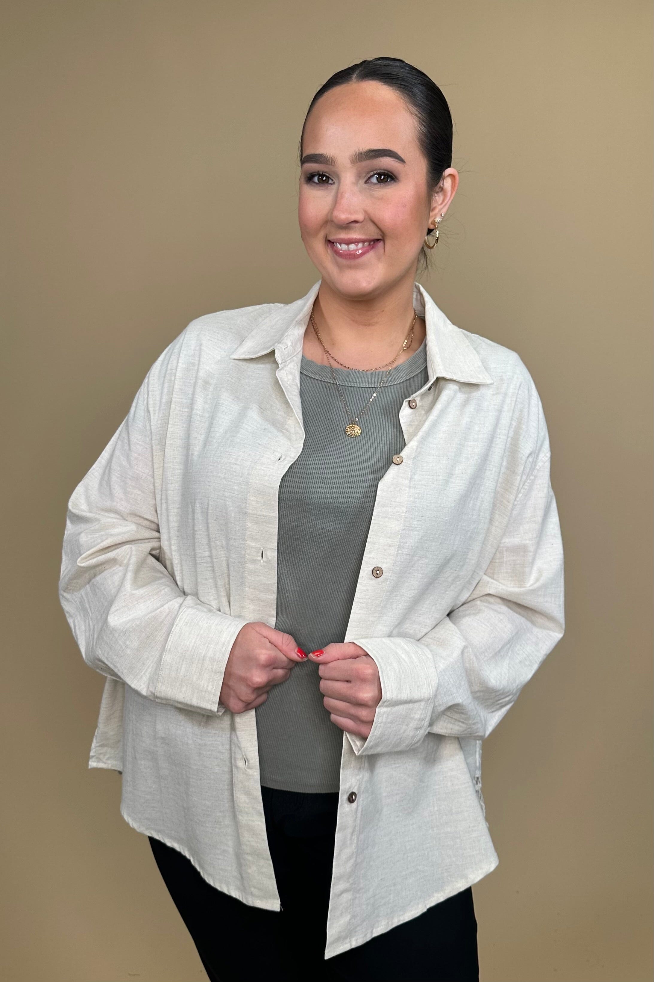 Long Sleeve Button Down w/ Crocheted Back OUTFIT COMPLETER MELLOWWORLD 