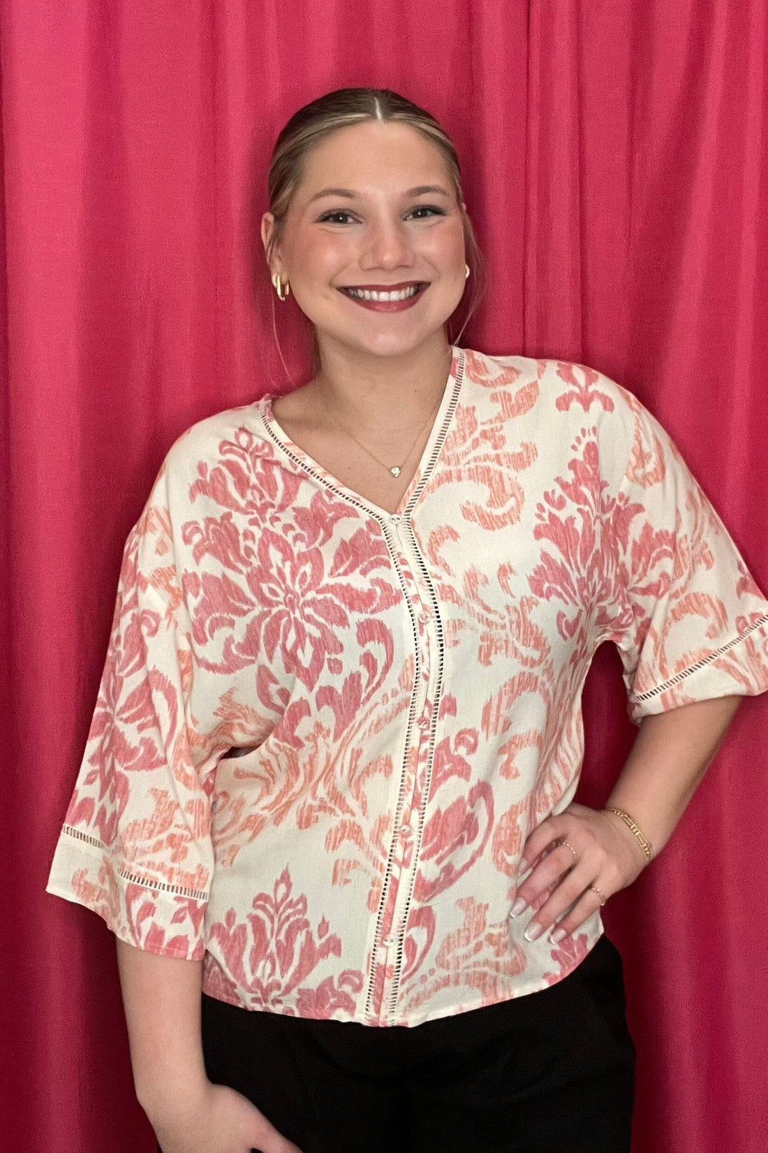 Printed Wide Elbow Sleeve V-Neck Blouse MISSY TOP SPECIAL CHARLIEB 