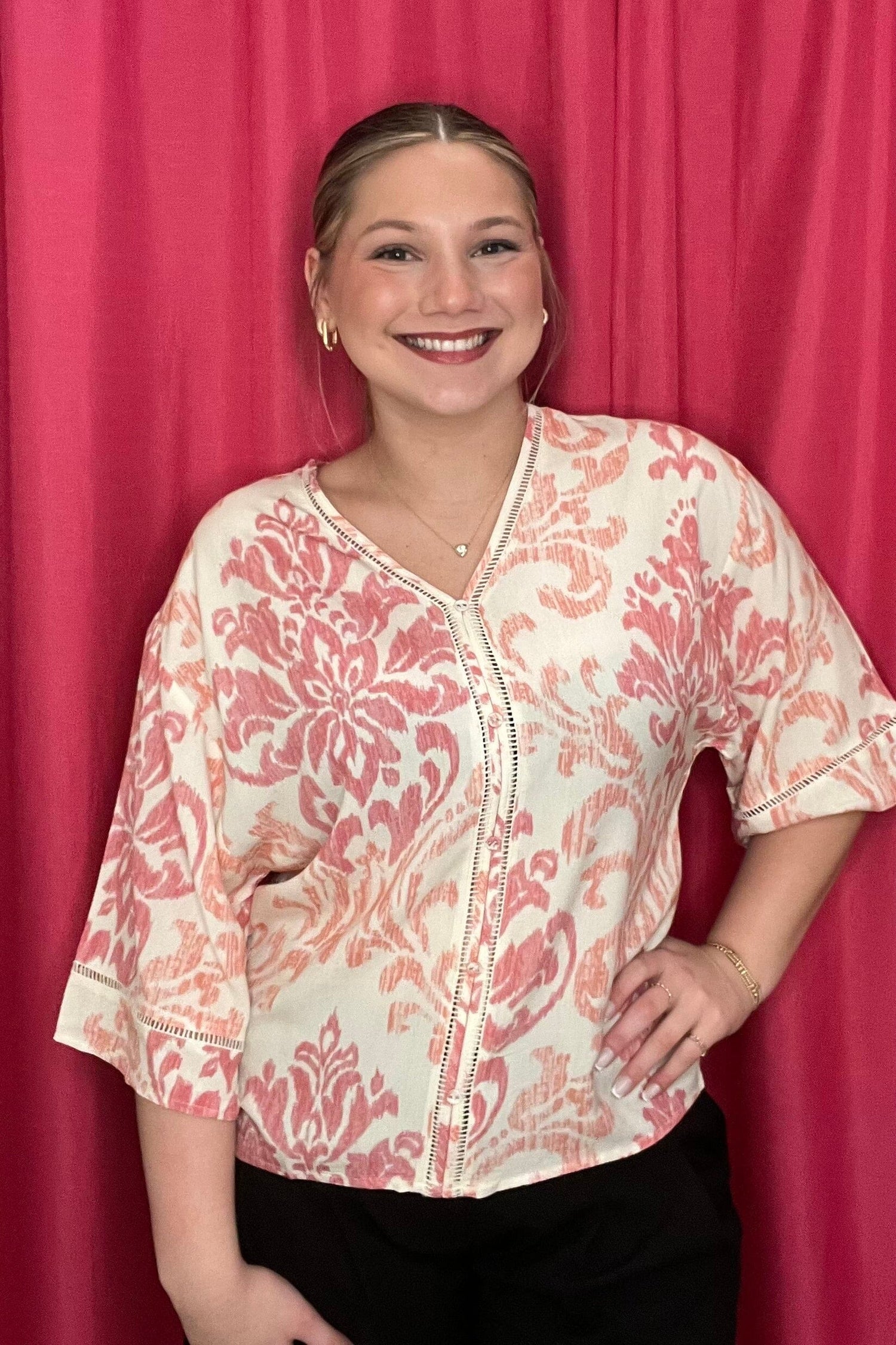 Printed Wide Elbow Sleeve V-Neck Blouse MISSY TOP SPECIAL CHARLIEB 