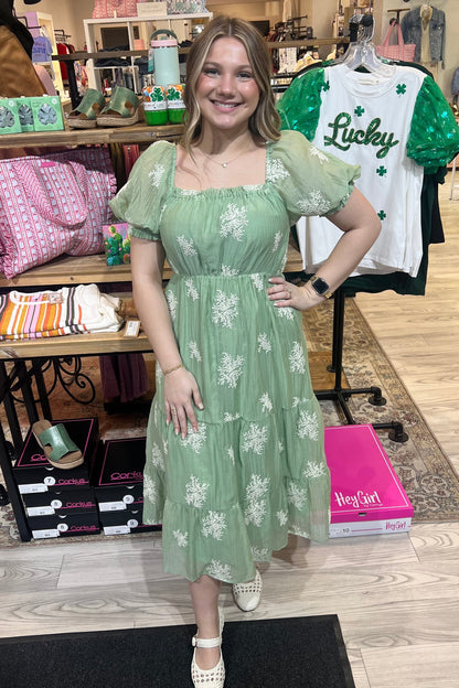 Puff Sleeve Square Neck Dress w/Queen Annes Lace Detail DRESS VERYJ 