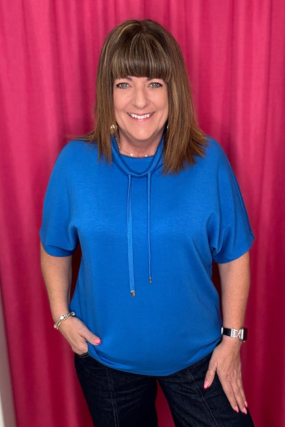 Short Sleeve Funnel Neck Top w/Drawcord MISSY BASIC KNIT TRIBAL RIVEIRA XS 