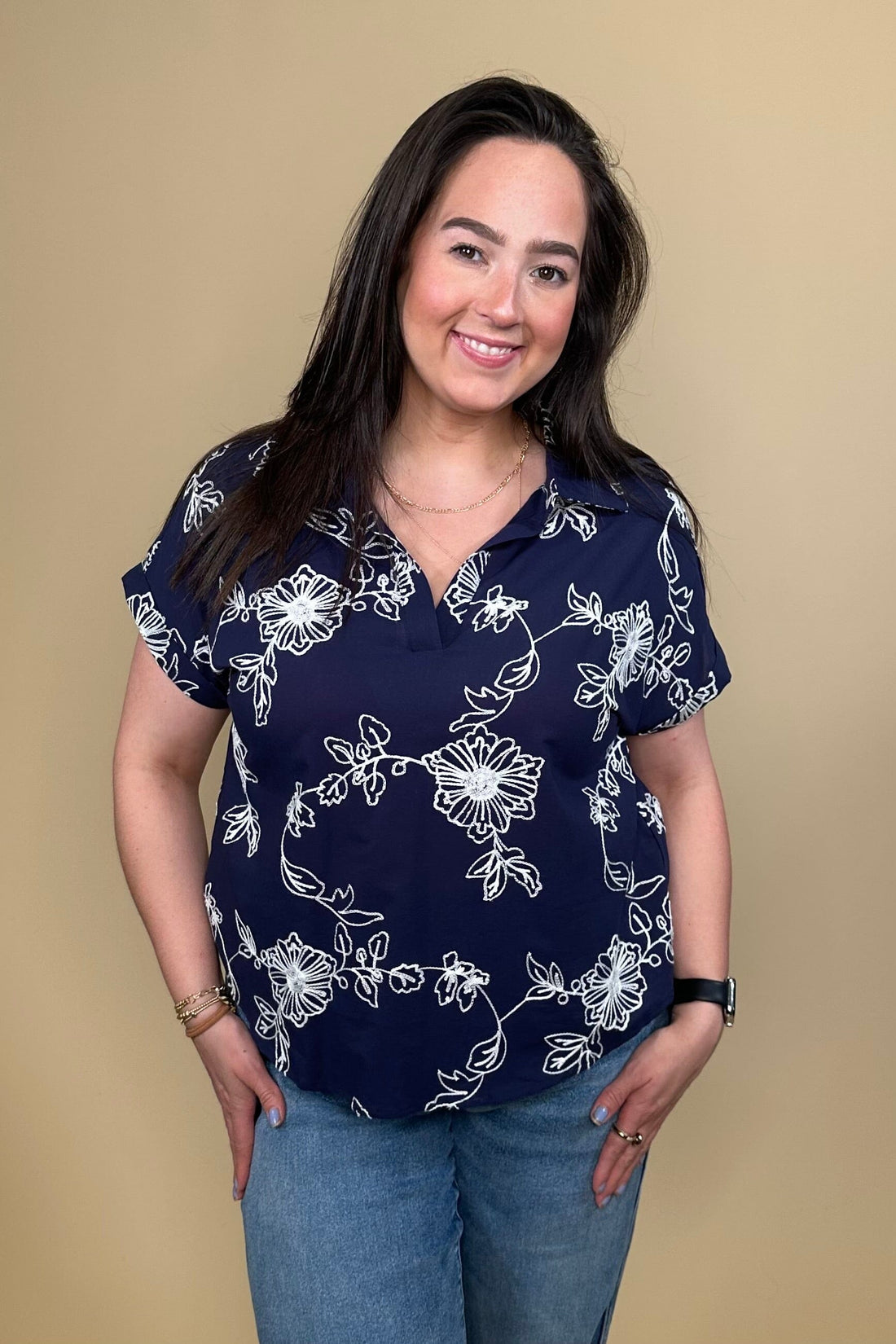 Cap Sleeve Button Down w/Collar & Embroidery MISSY TOP SPECIAL ZAC & RACHEL