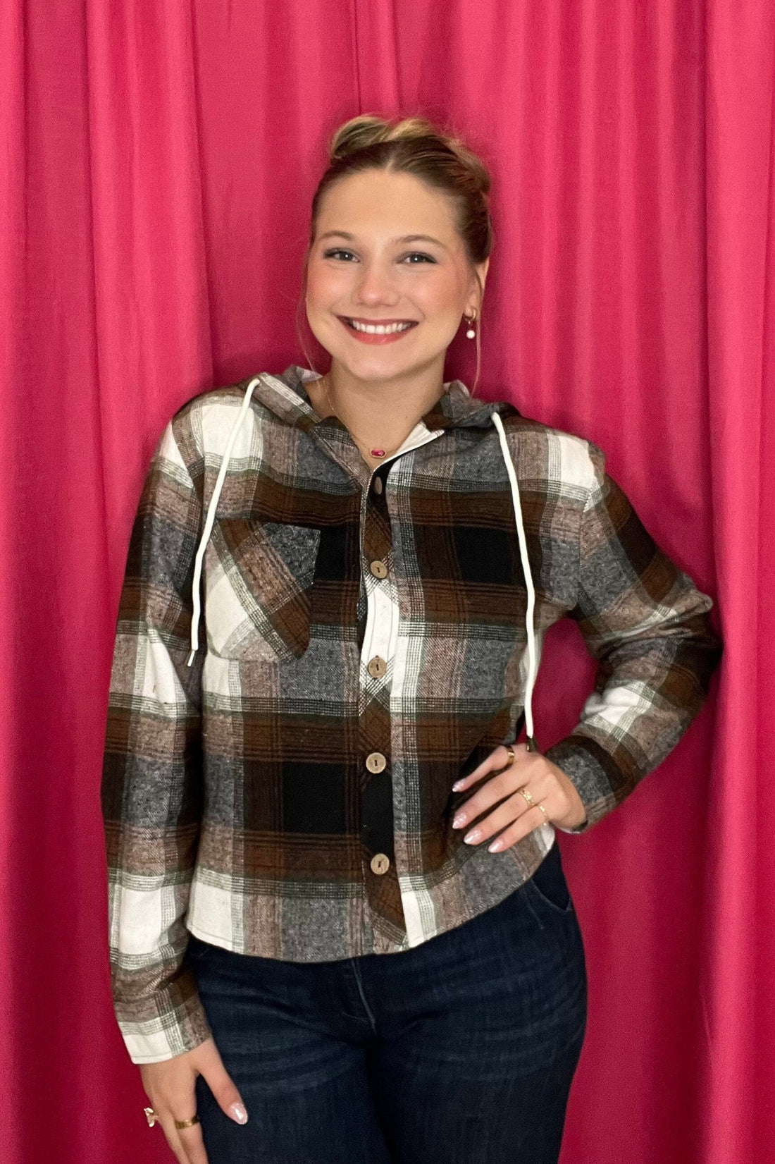 Long Sleeve Flannel Button Down w/Hood OUTFIT COMPLETER KEREN HART