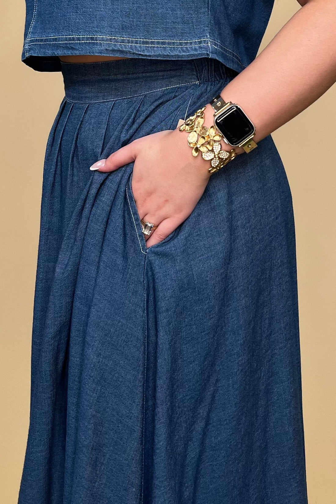 High Waist Pleated Denim Midi Skirt BOTTOMS BLUPEPPER 