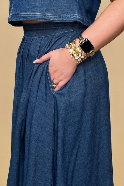 High Waist Pleated Denim Midi Skirt BOTTOMS BLUPEPPER 