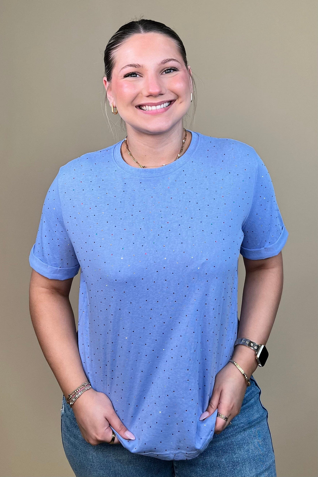 Short Rolled Sleeve Tee w/Colored Rhinestones JRTOP CASUAL TOP DAVI&amp;DANI 