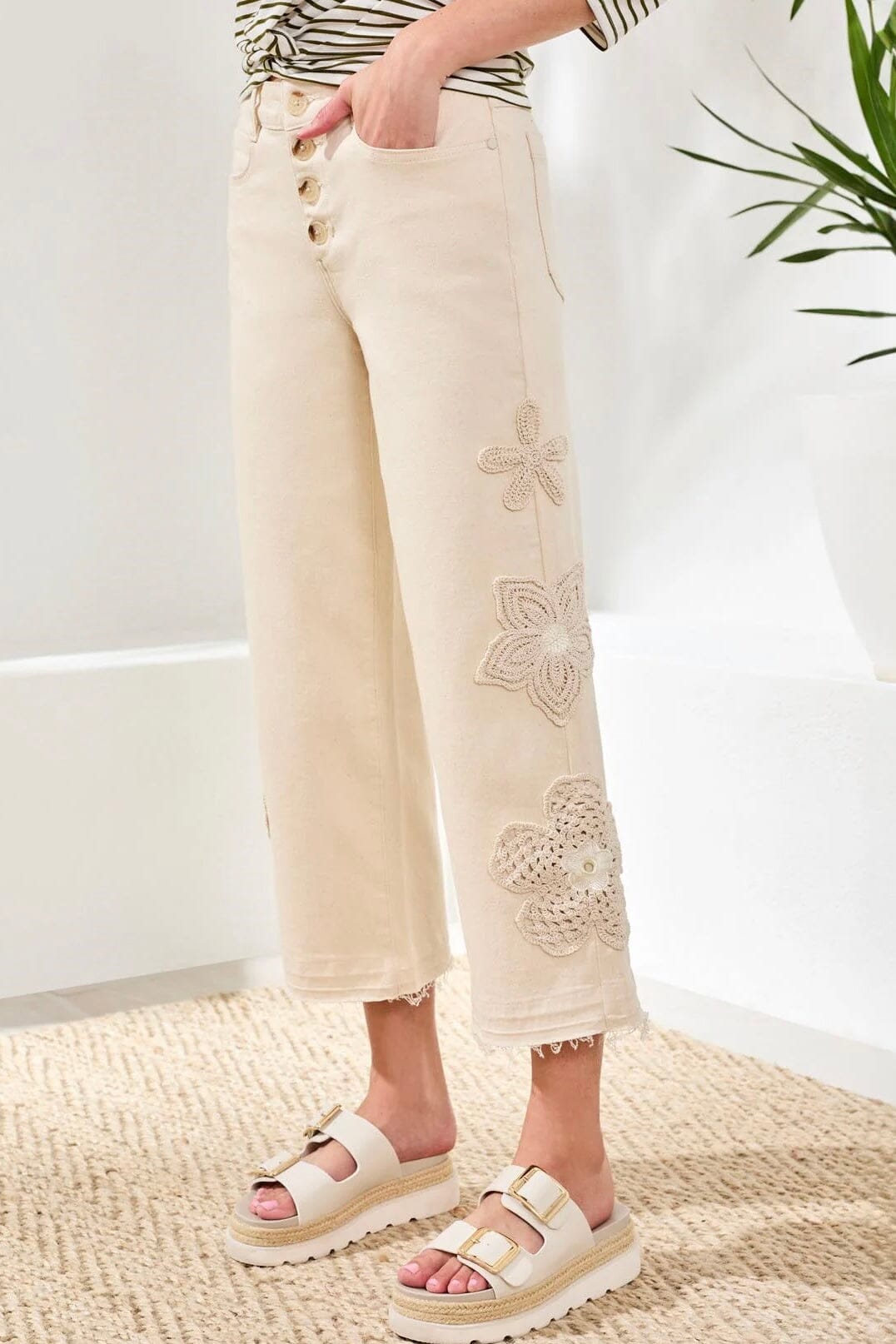 Audrey Button Fly Wide Crop w/Crochet Flowers BOTTOMS TRIBAL