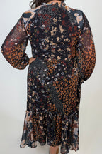 Mixed Print Drama Dress w/ Smocking Details DRESS:~~Unassigned~~ TRIBAL 