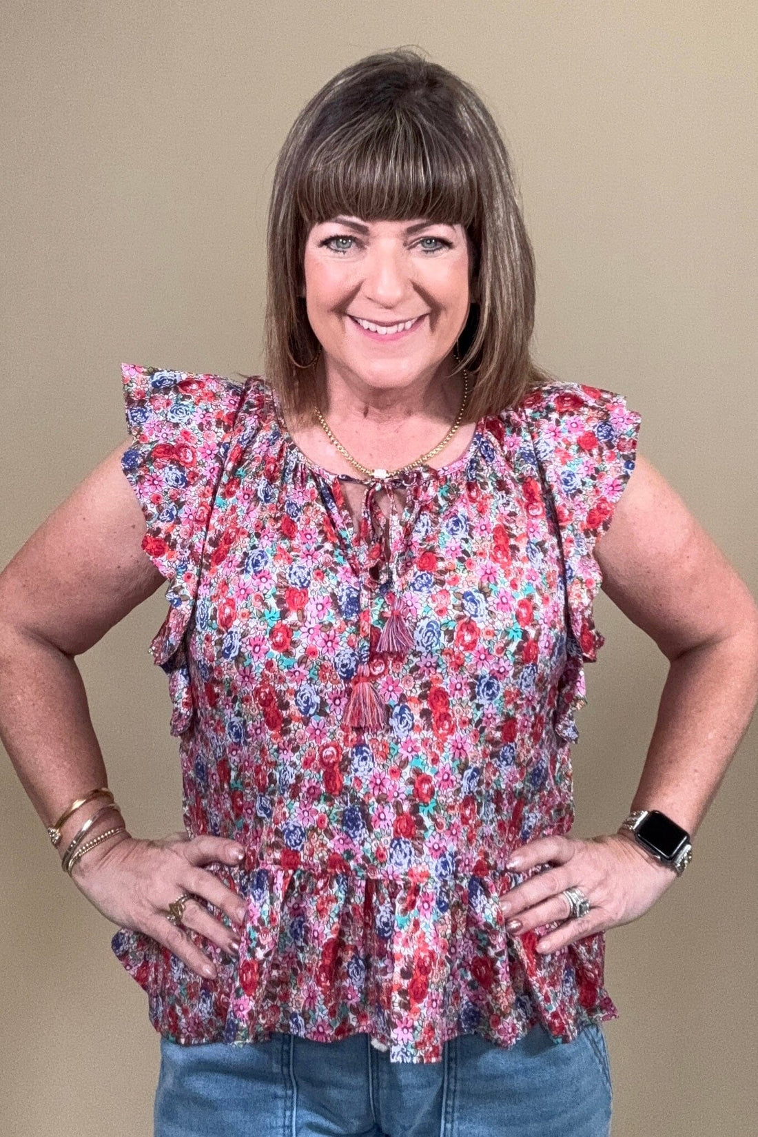 Flutter Sleeve Peplum Woven Top w/Ties MISSY TOP SPECIAL LIVERPOOL 