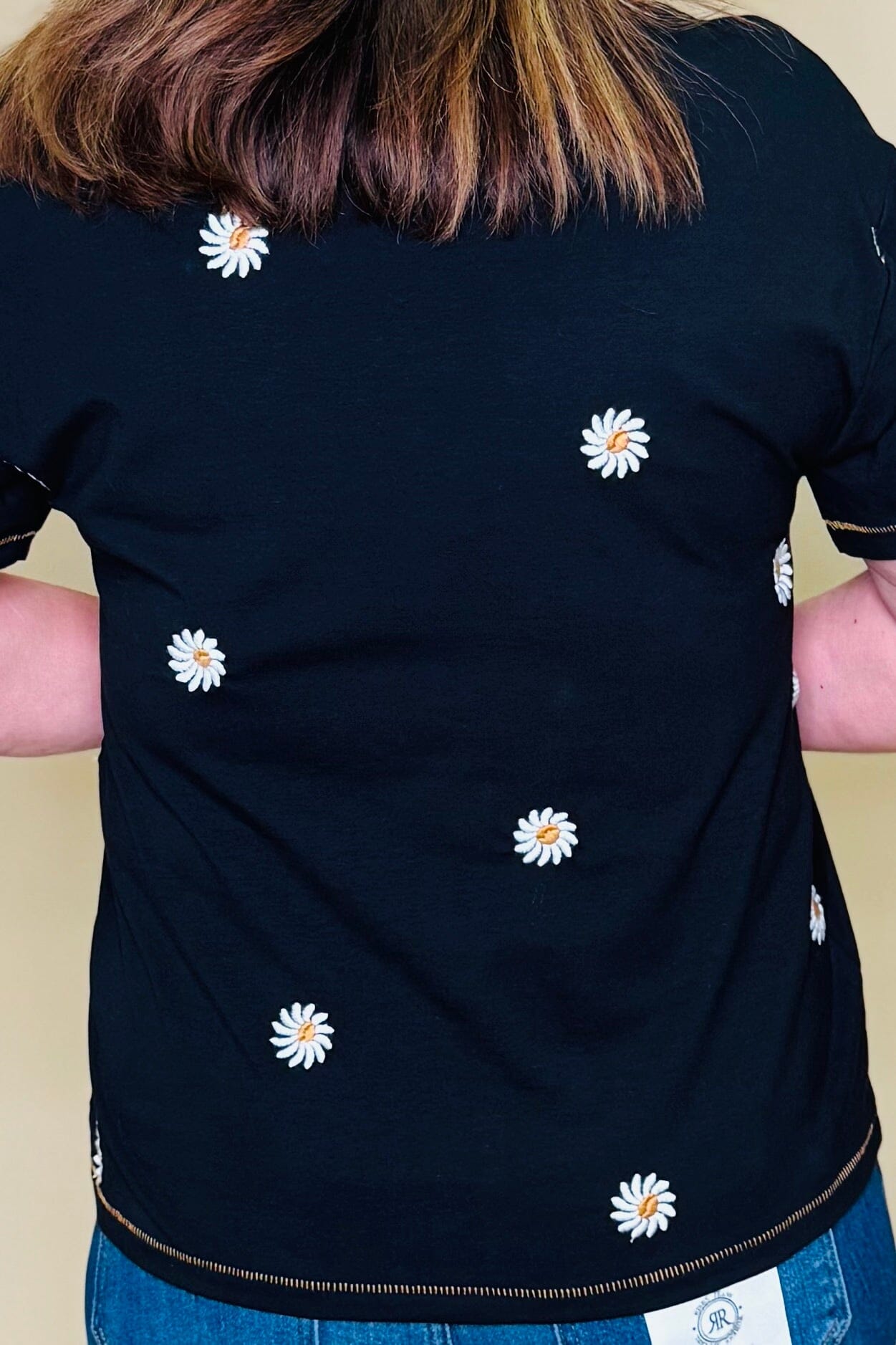 Short Sleeve Crew Neck Top w/Embroidered Daisies MISSY TOP SPECIAL TRIBAL 