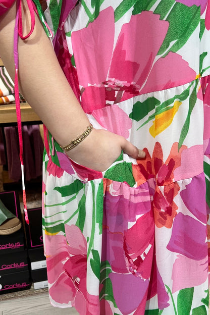 3/4 Sleeve Pockets Tiered Loose Fit Floral Print Mini Dress DRESS WHOLESALE FASHION TRENDS 