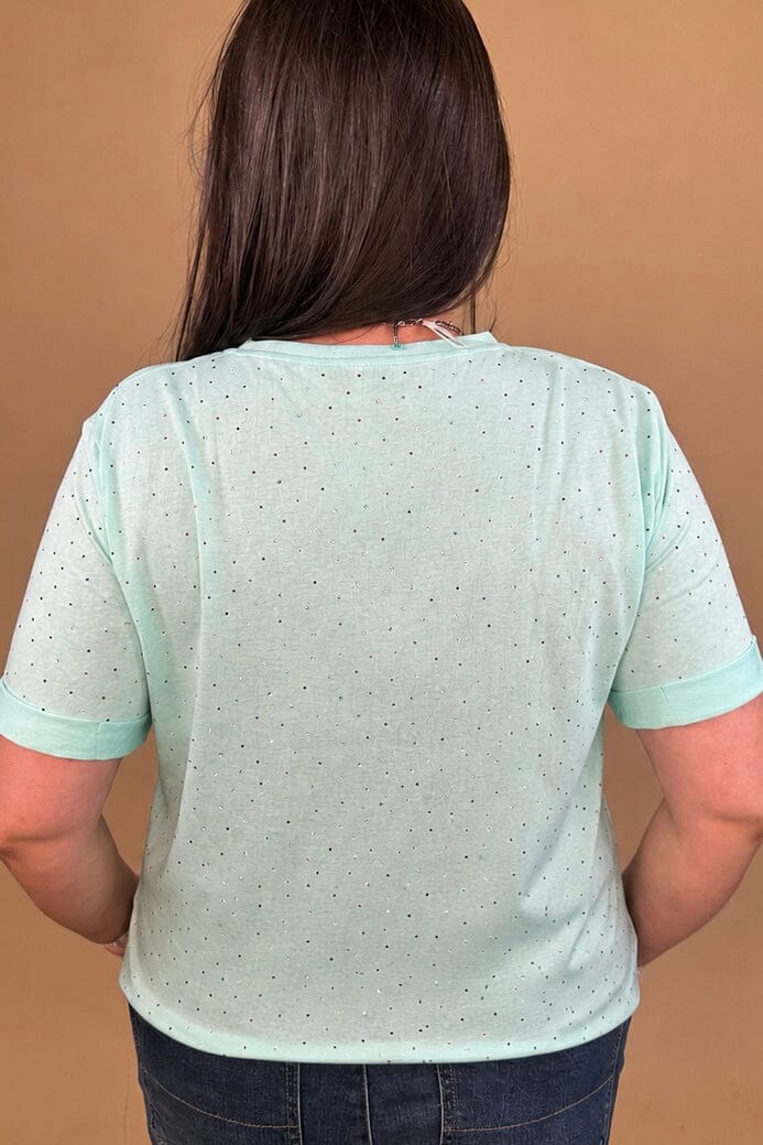 Short Rolled Sleeve Tee w/Colored Rhinestones JRTOP CASUAL TOP DAVI&amp;DANI 