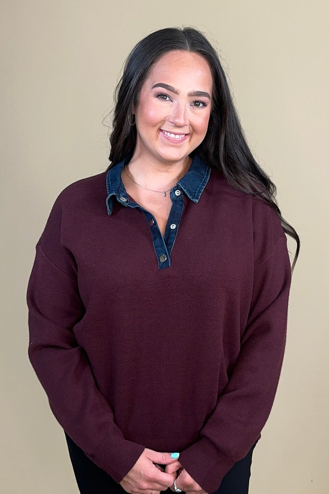 Long Sleeve Drop Shoulder Polo Sweater W/ Denim Shirt Collar And Placket MISSY TOP SPECIAL CHARLIEB 
