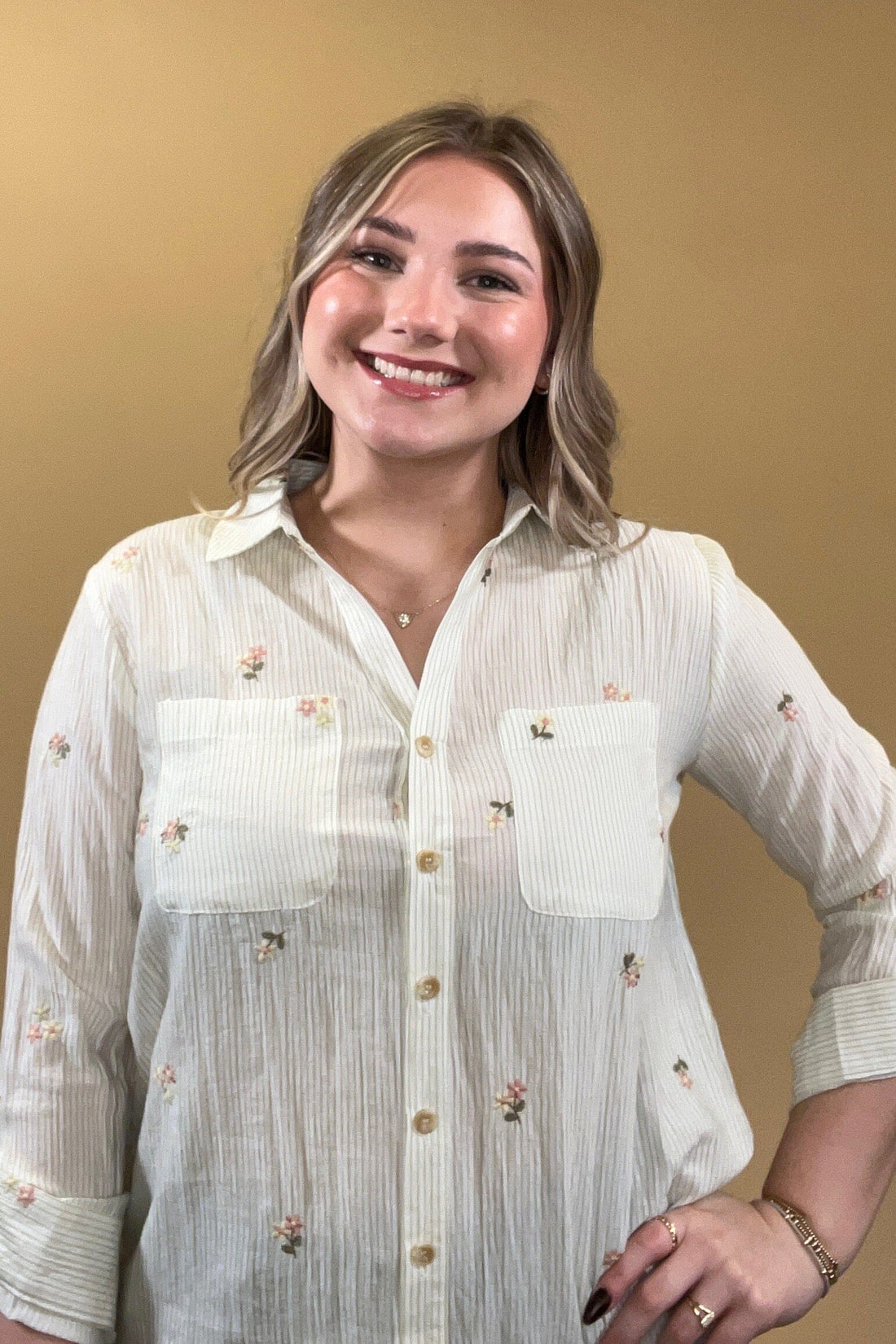 3/4 Sleeve Button Down Top w/Embroidery JRTOP CASUAL TOP BLUPEPPER 