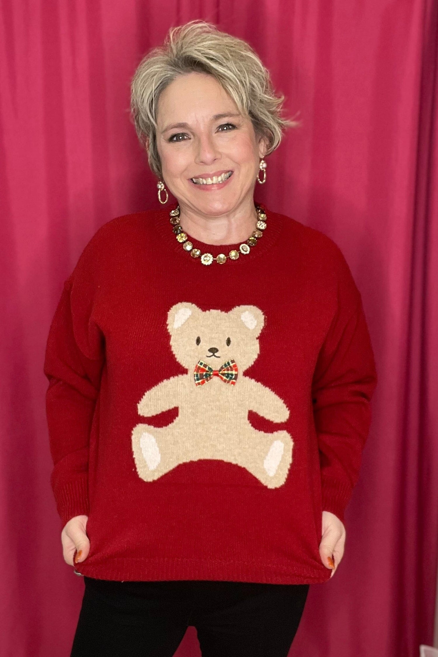 Teddy Bear w/Check Ribbon Pull Over Christmas Sweater JRTOP CASUAL TOP SO ME 