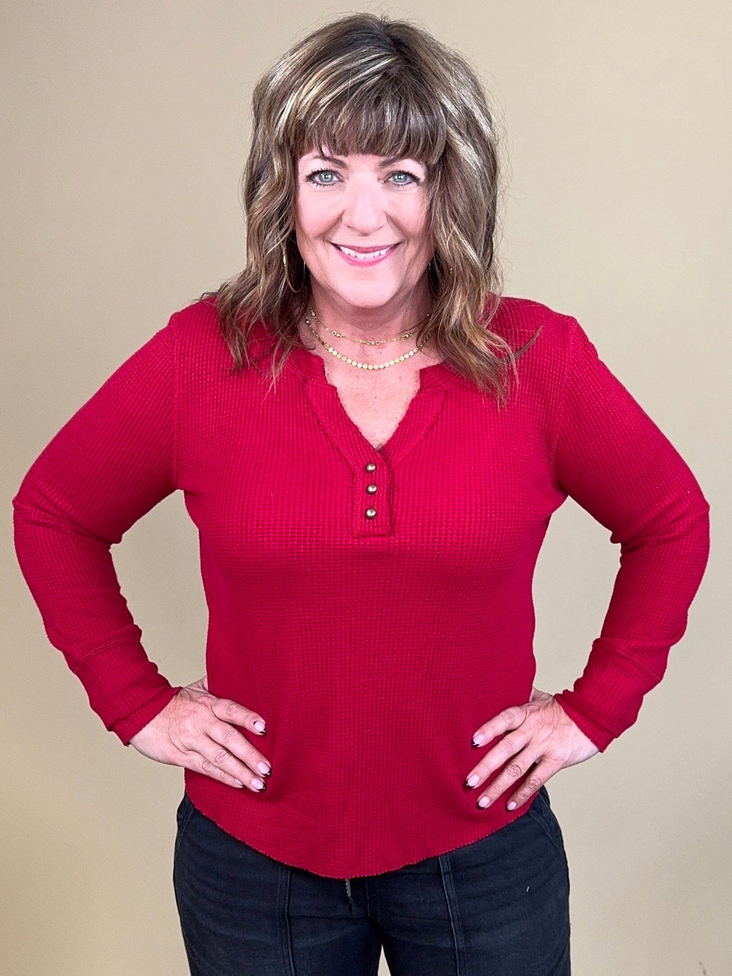 Brushed Waffle Knit Henley Long Sleeve Top - Pinot MISSY BASIC KNIT:~~Unassigned~~ TRIBAL 
