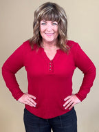 Brushed Waffle Knit Henley Long Sleeve Top - Pinot MISSY BASIC KNIT:~~Unassigned~~ TRIBAL 
