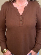 Brushed Waffle Knit Henley Long Sleeve Top - Chocolate MISSY BASIC KNIT:~~Unassigned~~ TRIBAL 