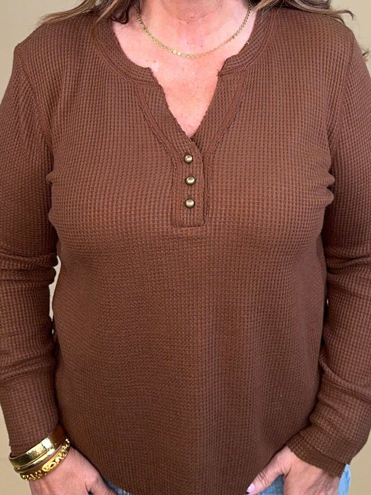 Brushed Waffle Knit Henley Long Sleeve Top - Chocolate MISSY BASIC KNIT:~~Unassigned~~ TRIBAL 