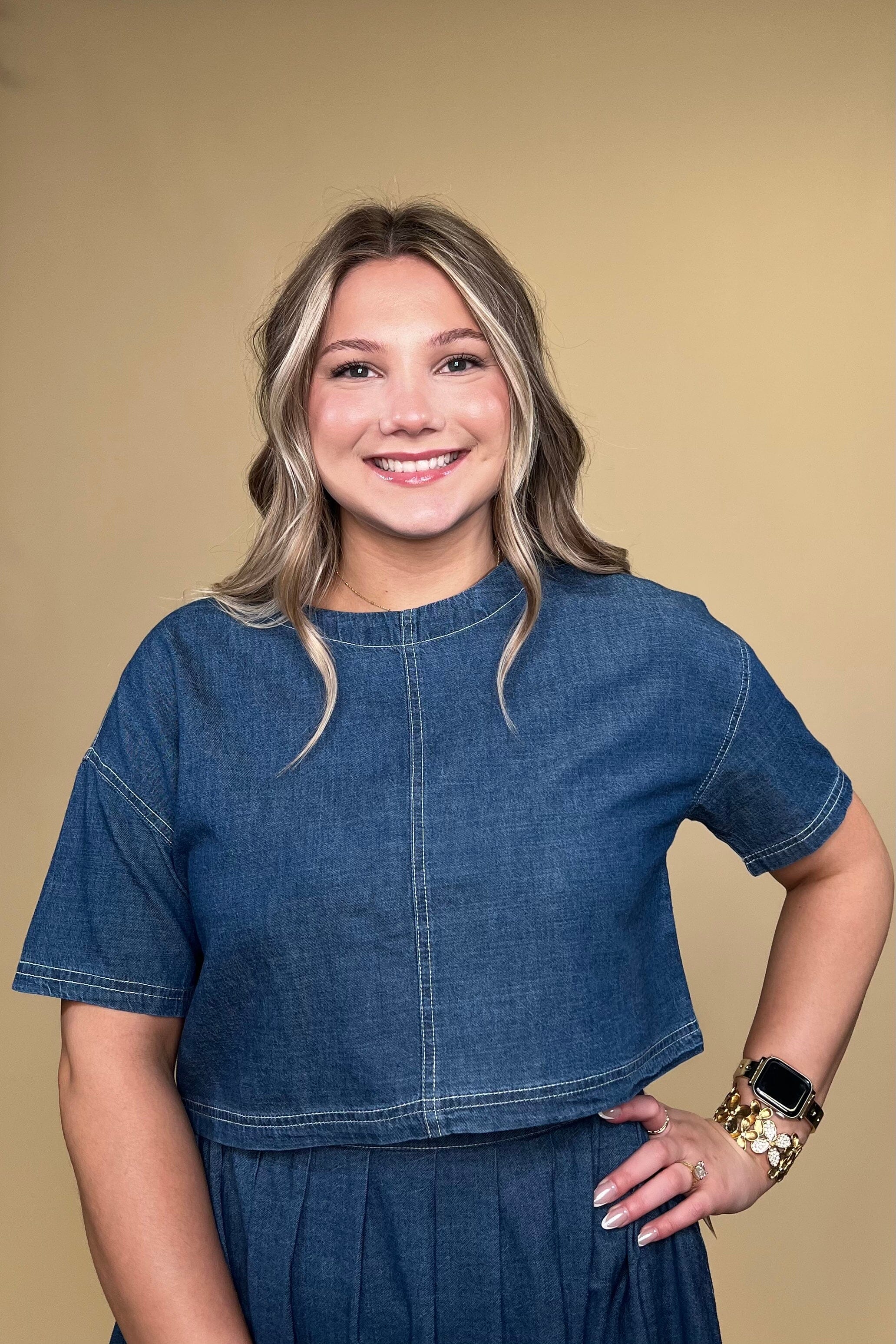 Cropped Denim Short Sleeve Top JRTOP CASUAL TOP BLUPEPPER 