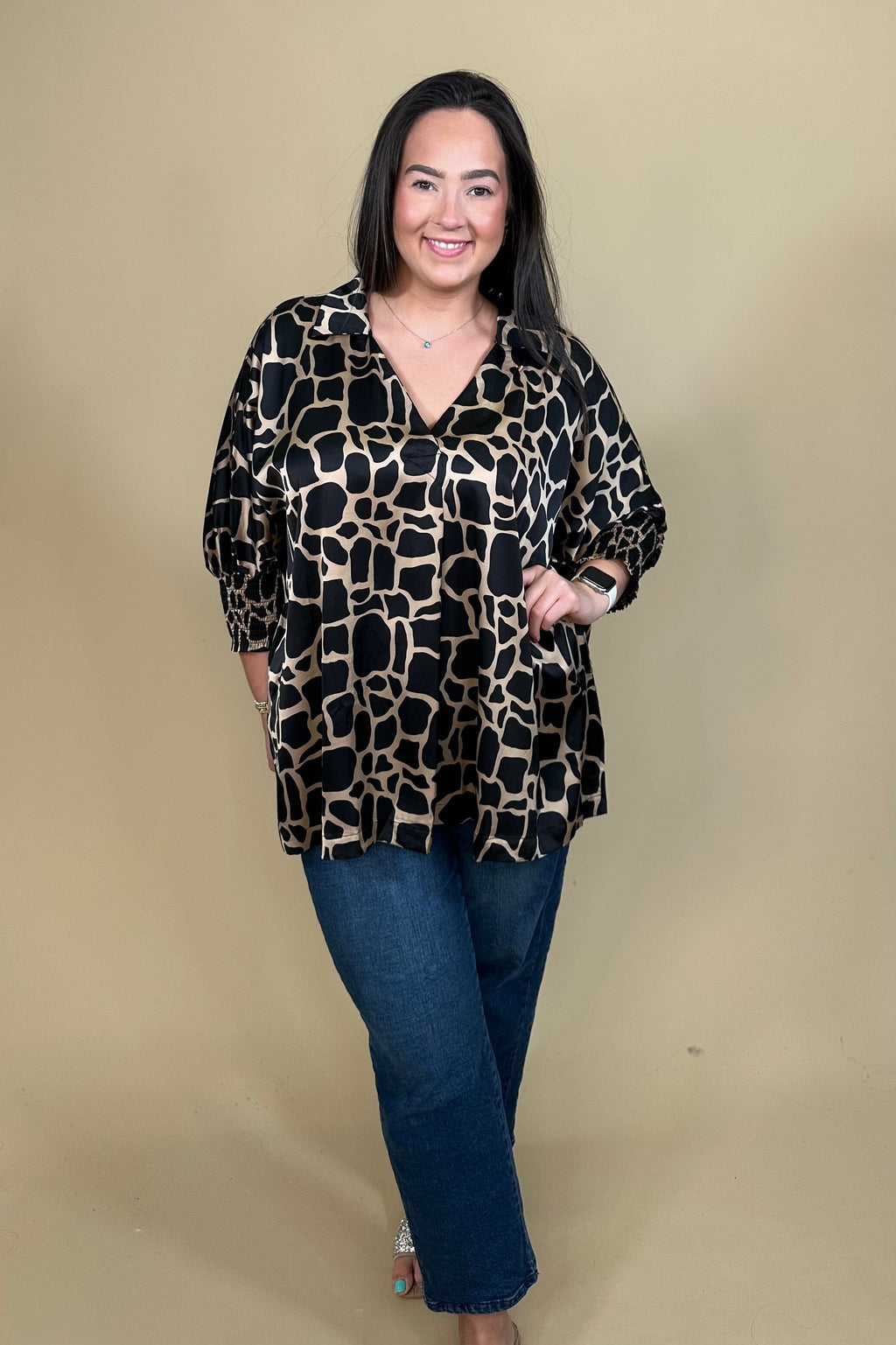 Satin Two Tone Giraffe Print Boxy Oversized Top JR TOP DRESSY UMGEE 