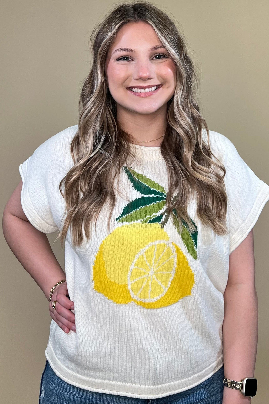 Drop Short Sleeve Lemon Knit Sweater JRTOP CASUAL TOP SHE&amp;SKY 