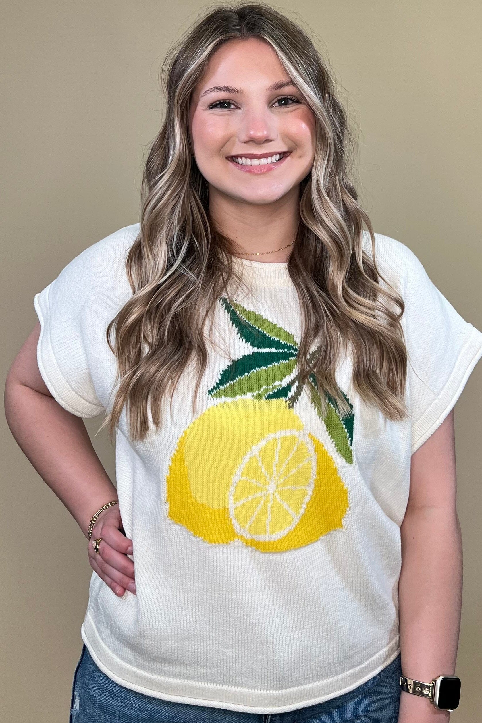 Drop Short Sleeve Lemon Knit Sweater JRTOP CASUAL TOP SHE&amp;SKY 