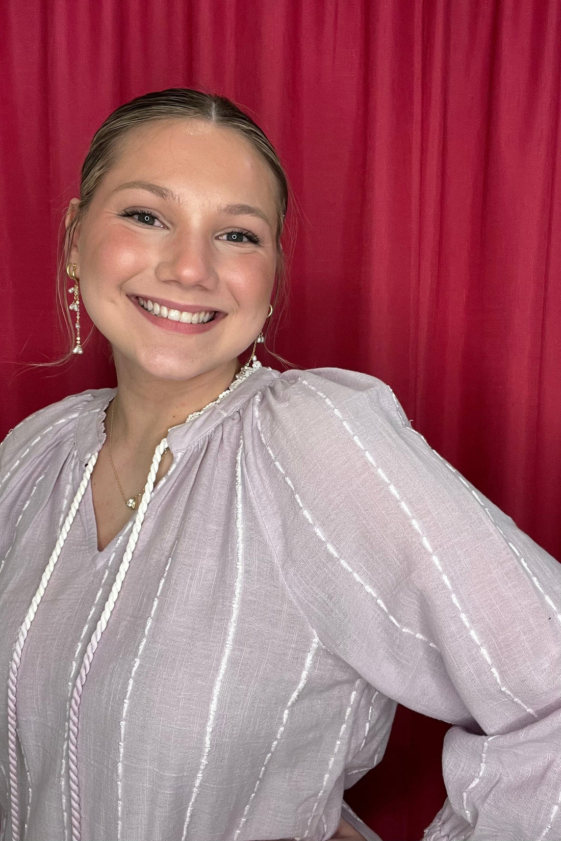 3/4 Blouson Sleeve Split Neck w/Crochet Edge Trim &amp; Woven Top MISSY TOP SPECIAL DEMOCRACY 