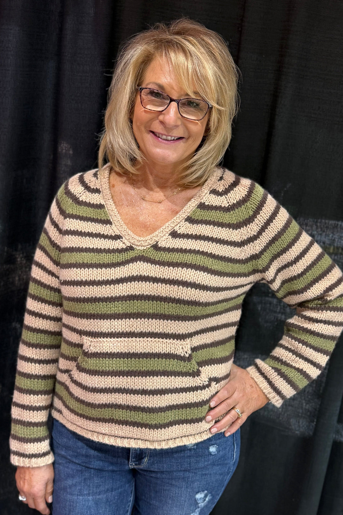 Multi Color Stripe Kangaroo Pocket Knit Sweater JRTOP CASUAL TOP BLUPEPPER 