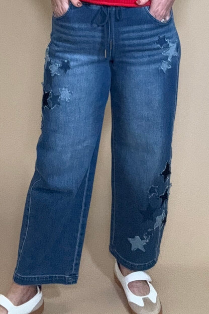 Elastic Band Slouchy Crop Barrel Star Patch Detail Jeans BOTTOMS RISEN 