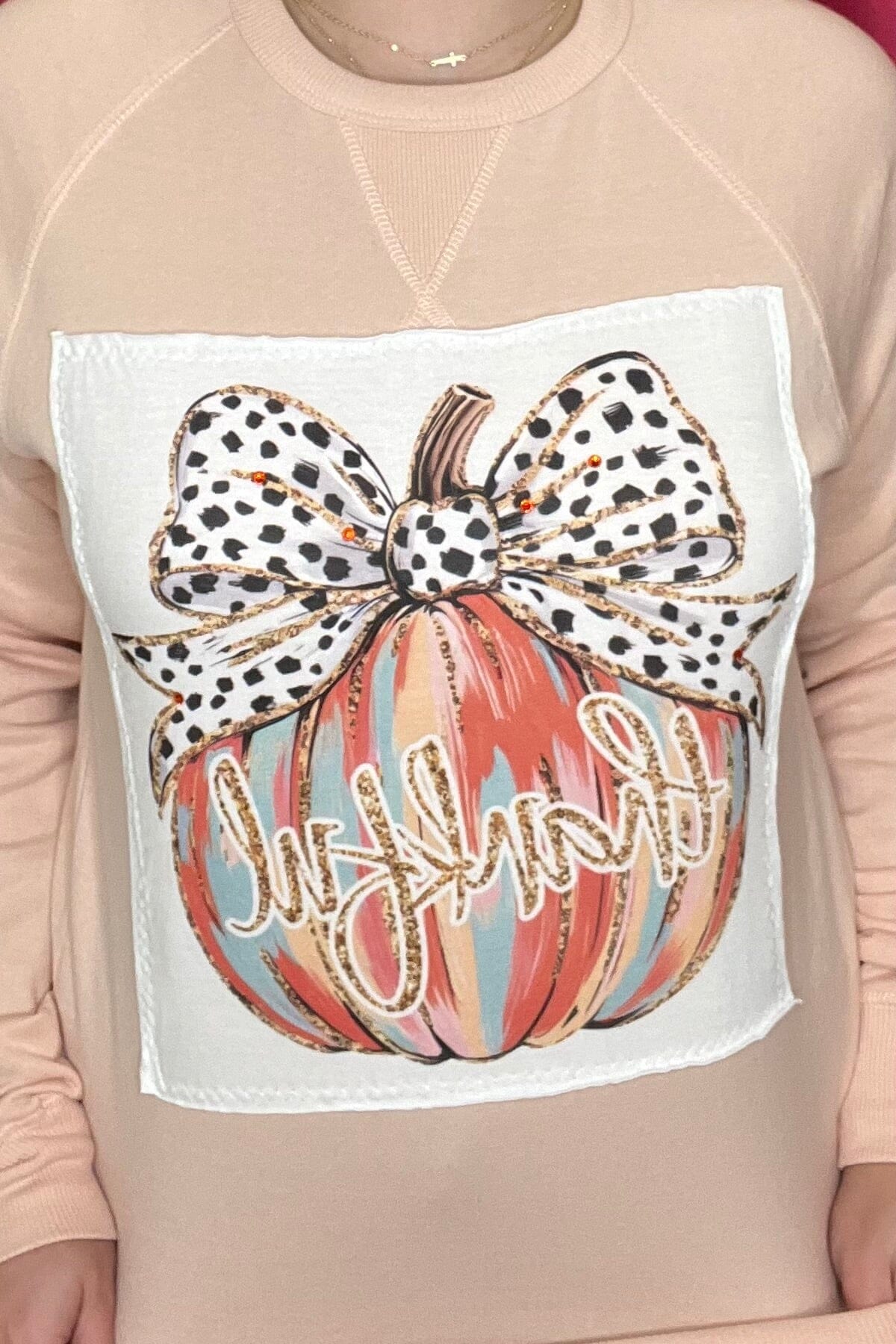 Crew Neck Sweatshirt w/Thankful Pumpkin MISSY BASIC KNIT BLINGAGOGO 