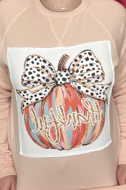 Crew Neck Sweatshirt w/Thankful Pumpkin MISSY BASIC KNIT BLINGAGOGO 