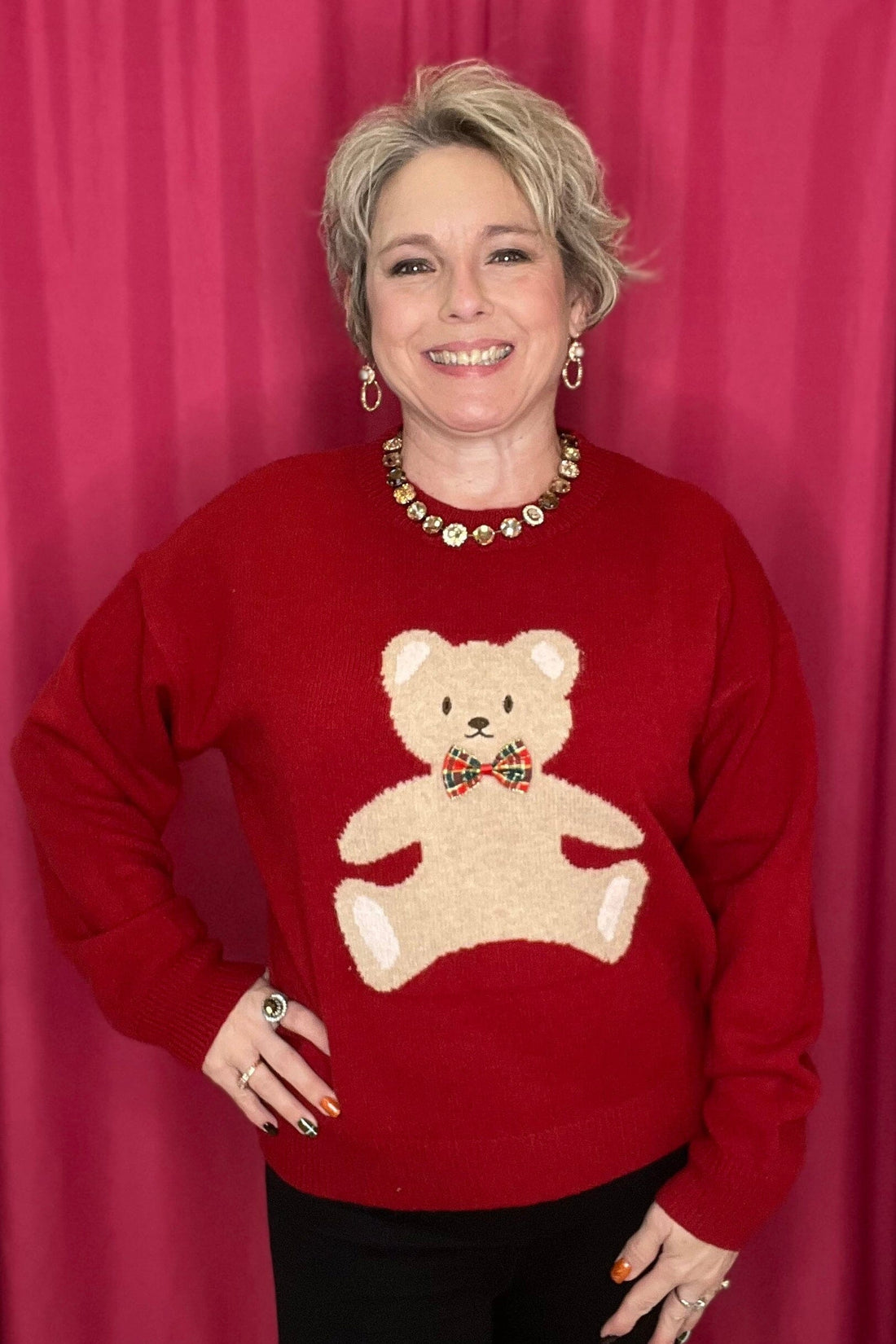 Teddy Bear w/Check Ribbon Pull Over Christmas Sweater JRTOP CASUAL TOP SO ME