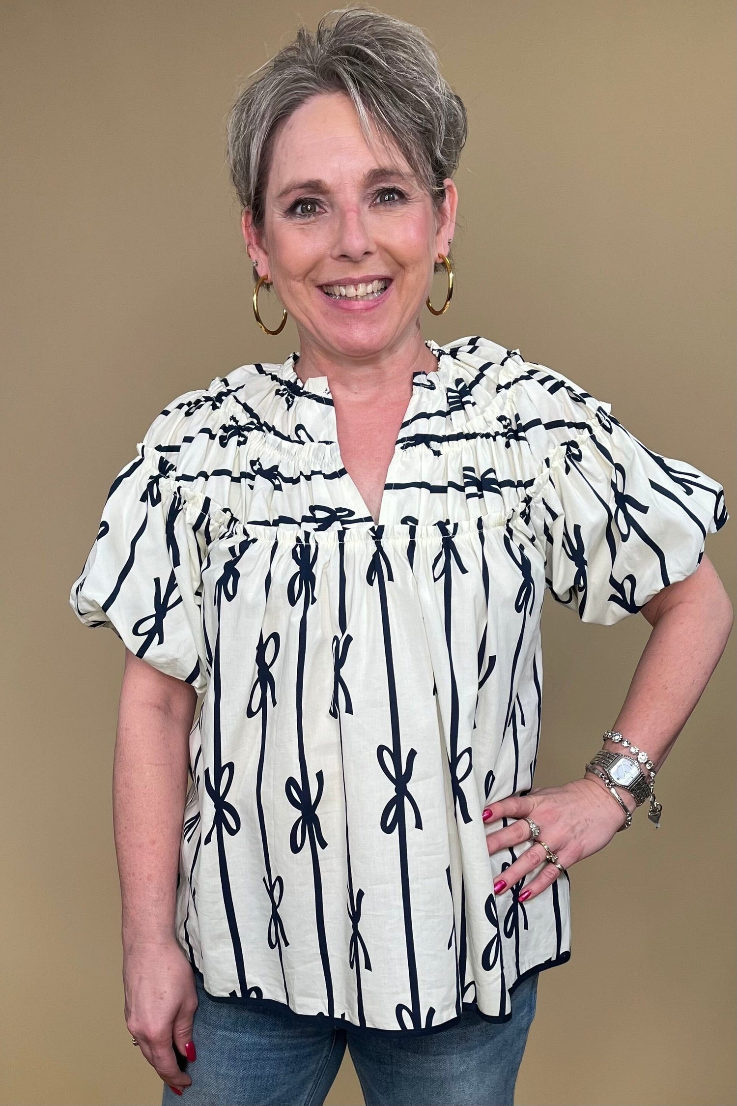 Ribbon Print Shirring Neckline Top JR TOP DRESSY UMGEE 