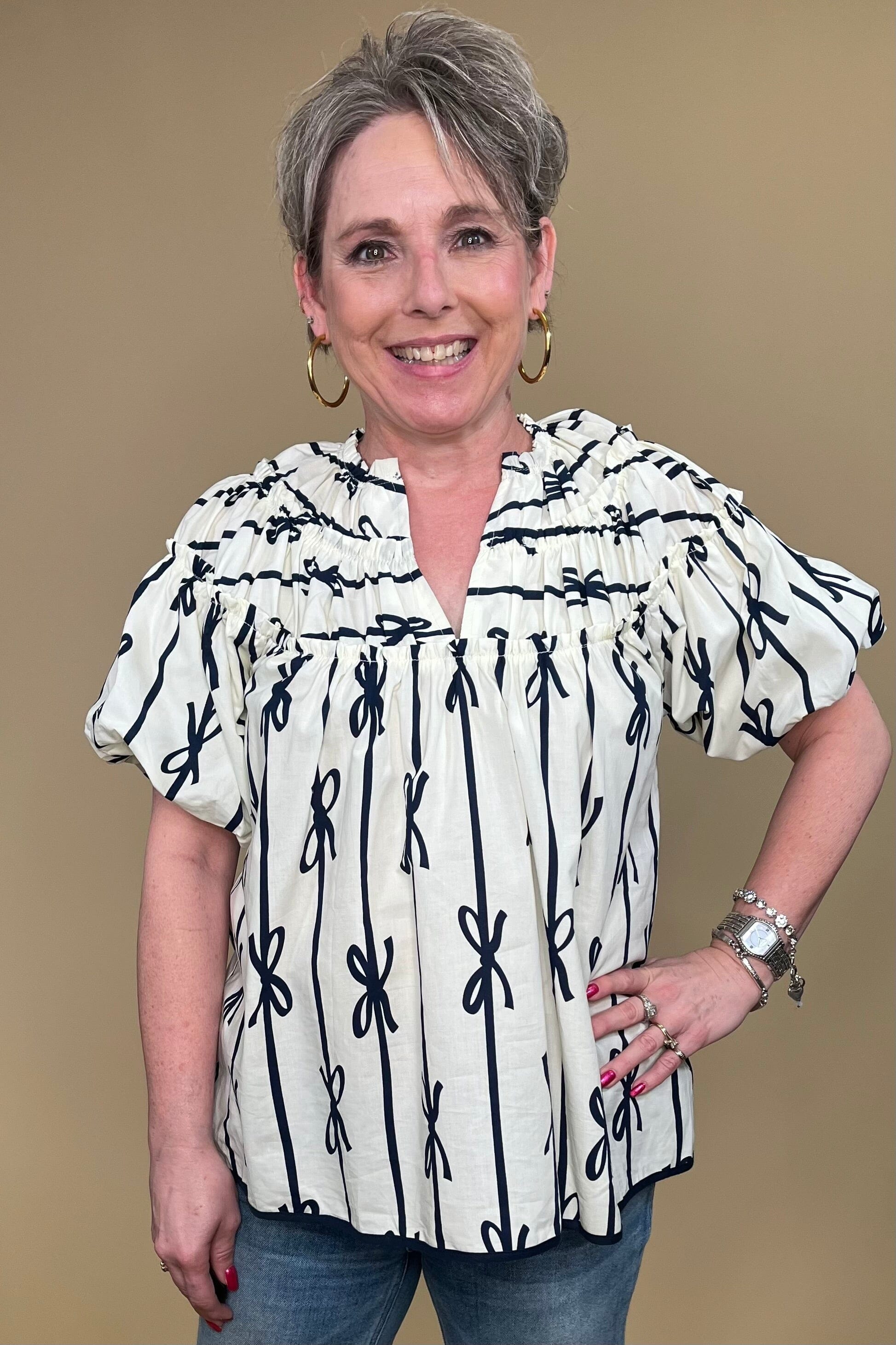Ribbon Print Shirring Neckline Top JR TOP DRESSY UMGEE 