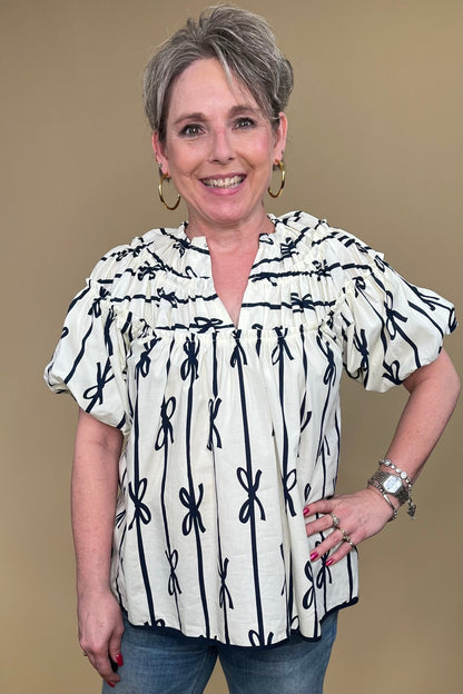 Ribbon Print Shirring Neckline Top JR TOP DRESSY UMGEE 
