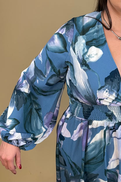 Long Sleeve Printed Dress w/Smoked Waist