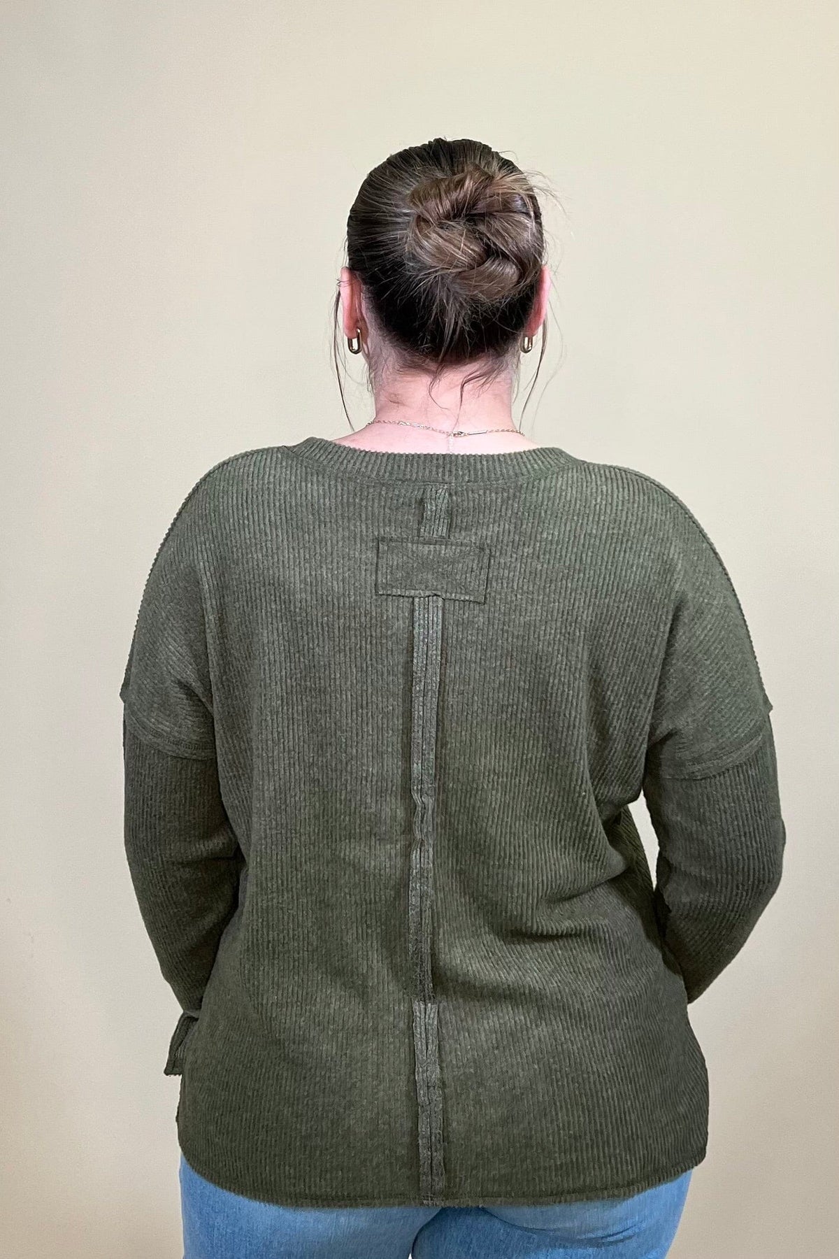 Ribbed Hacci Sweater w/ Pocket - Olive JRTOP CASUAL TOP:~~Unassigned~~ ZENANA 