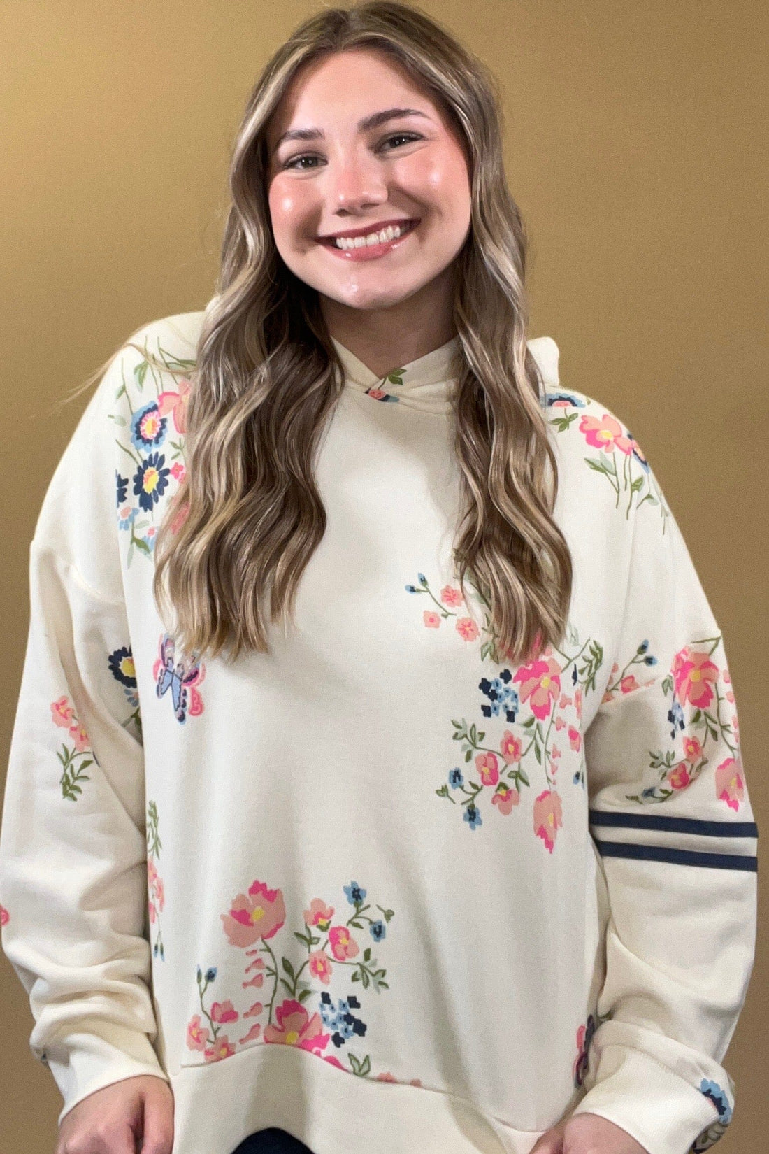 Floral Hoodie w/Stripe Sleeve JRTOP CASUAL TOP SIMPLY SOUTHERN 